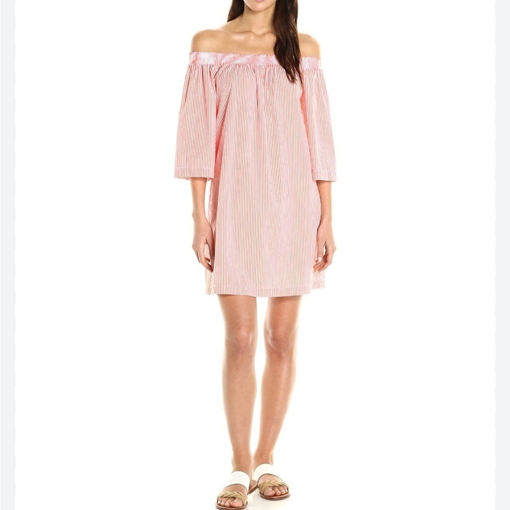 Trina Turk Neville Off The Shoulder Orange Striped Shift Dress